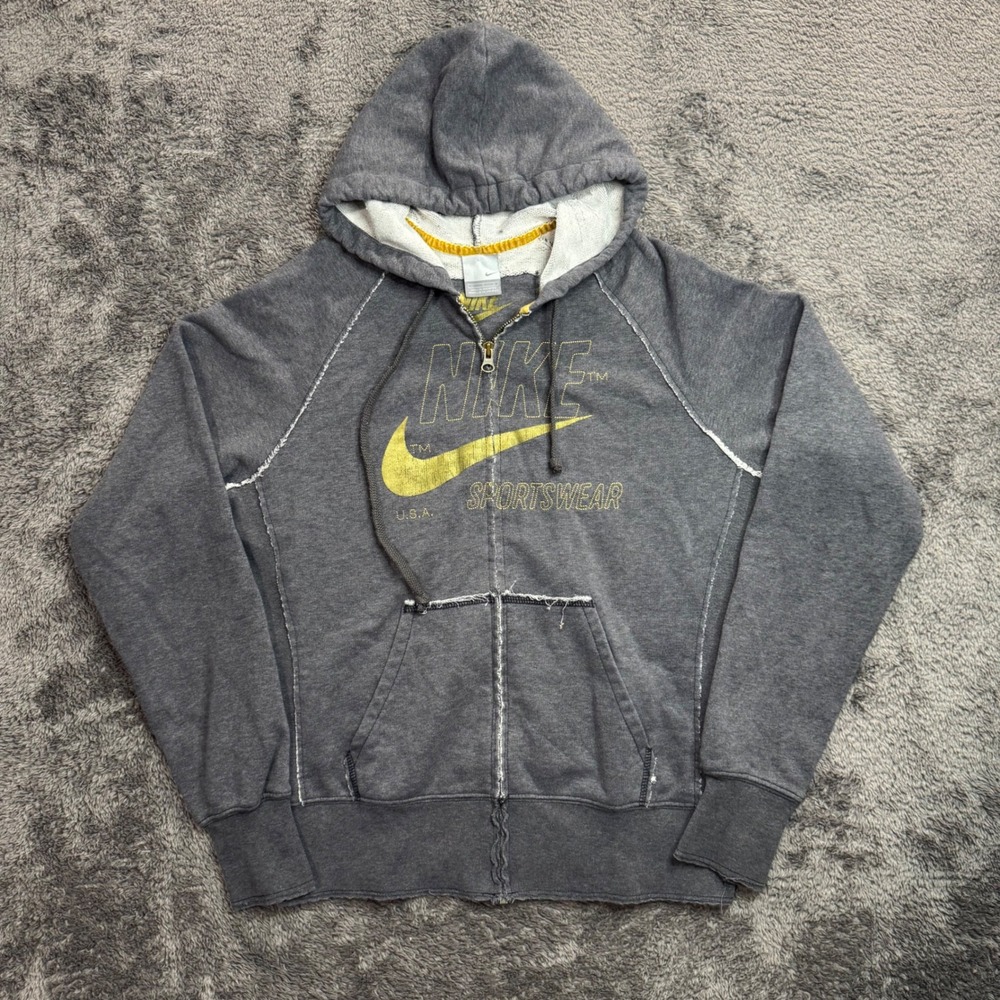 Nike Y2K Sportswear Mens Gray Full Zip Hoodie Distressed Raw Seam Size Large